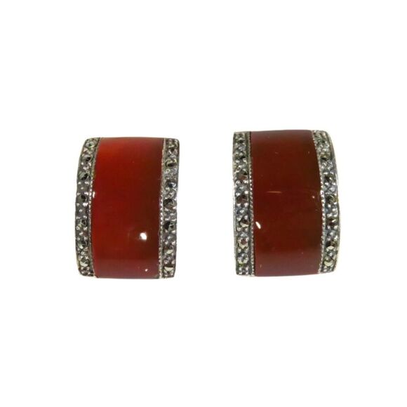 Vintage Art Deco Style Sterling Silver Marcasite Carnelian Arched Post Back Earr - Picture 1 of 8